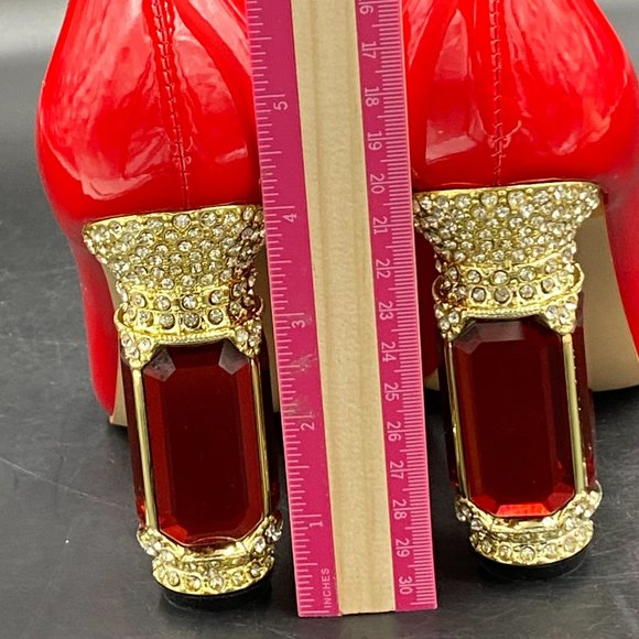 FSJ Red Bridal Pointed Toe Chunky Block Low Heel Crystal Pump - Picture 7 of 9
